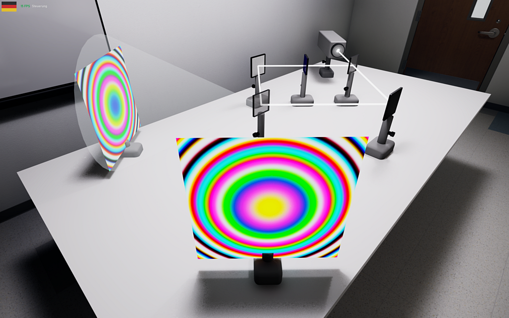 Mach-Zehnder-Interferometer - Interferenzmuster mit einer dreifarbigen Lichtquelle (rot, grün, blau)